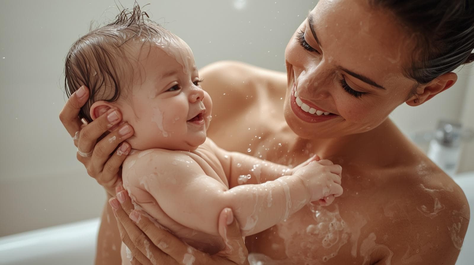  Parents bathing their baby with Little Q Tear-Free Syndet Baby Wash