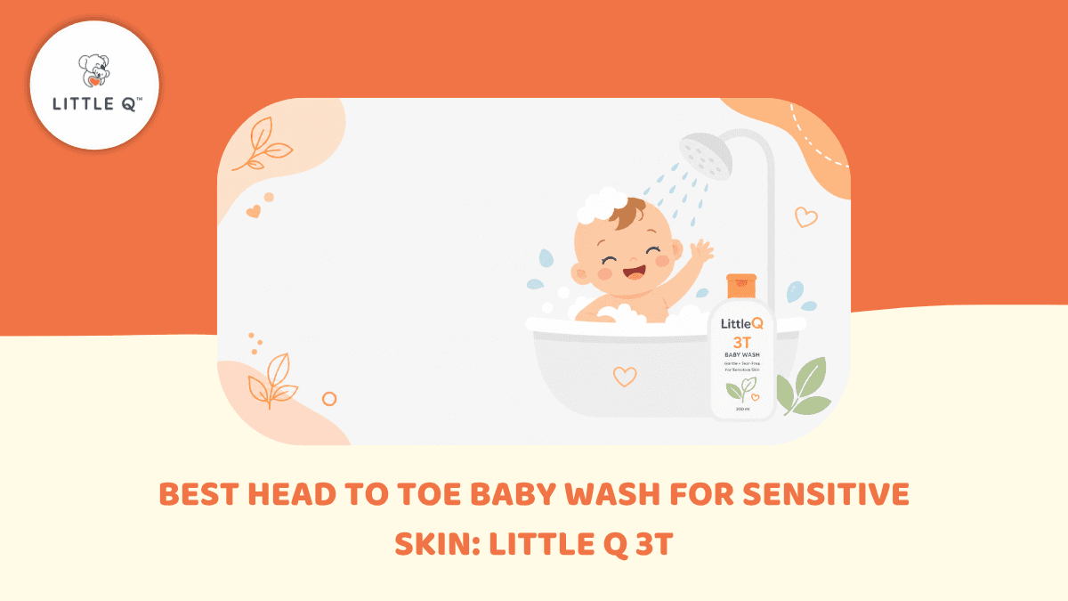 Newborn enjoying tear-free bath with eczema-safe baby cleanser Little Q 3T